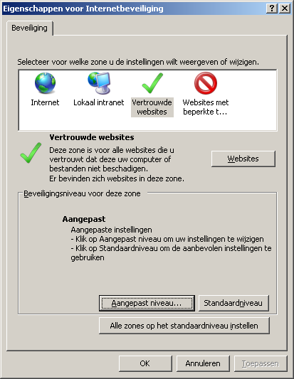Vertrouwde websites - Aangepast niveau